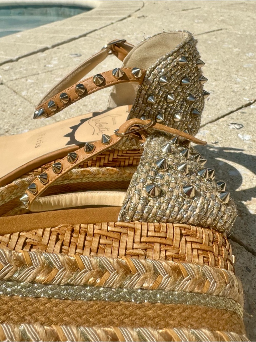 Christian Louboutin Tan Studded Espadrille Wedge Sandals 39 - Picture 6 of 11
